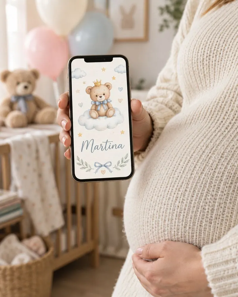 Futura mamá con un celular que muestra una invitación de baby shower