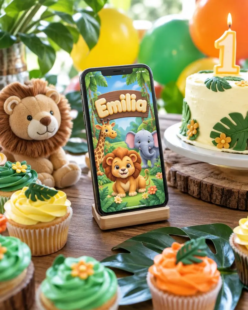 Celular con invitación de primer cumpleaños de animalitos sobre una mesa con cupcakes