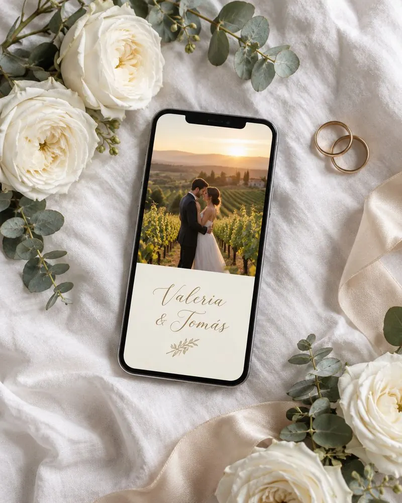Celular con invitación de matrimonio sobre lino blanco, rosas y anillos