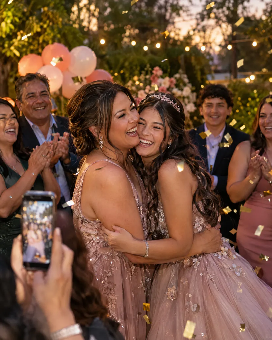 Mamá y su hija quinceañera abrazándose felices en la fiesta, entre globos y confeti