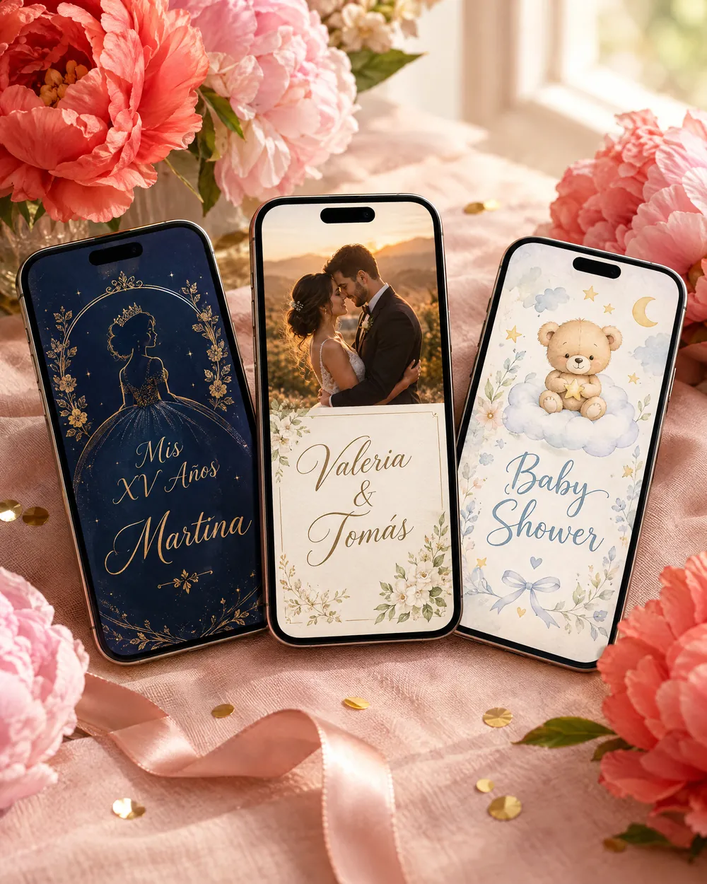 Tres celulares con invitaciones digitales: XV años, matrimonio y baby shower, entre peonías