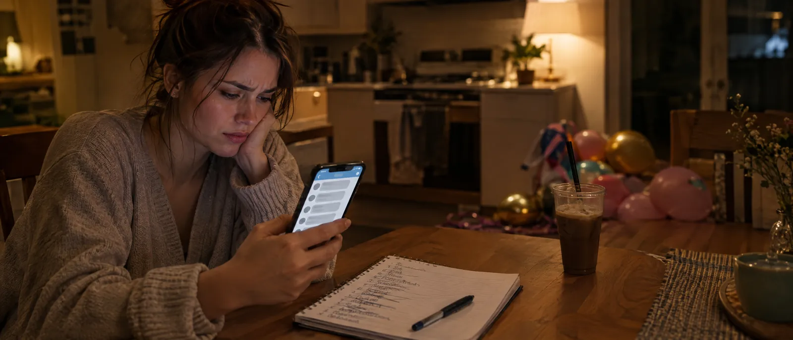 Mamá cansada mirando su celular de noche junto a una lista de invitados tachada