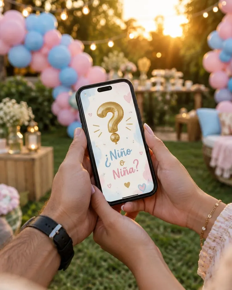 Pareja con un celular que muestra una invitación de revelación de sexo