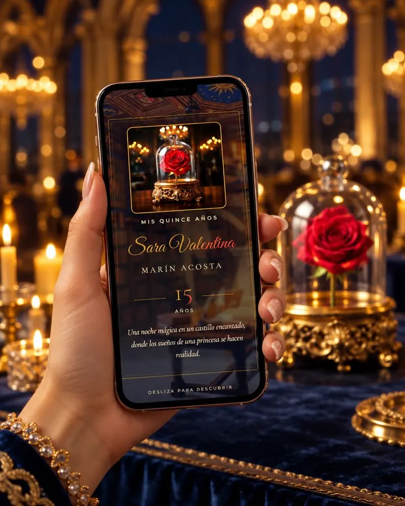 Celular con la invitación de XV años de Sara Valentina en un salón con candelabros