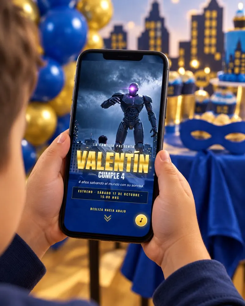 Niño sosteniendo un celular con la invitación de superhéroes de Valentín